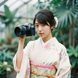 photograph of a beautiful Japanese woman wearing a pretty kimono in a tropical greenhouse, by Annie Leibowiz and Alessio Albi, extremely detailed, large format camera, Kodak Portra 400, bokeh, blurred background, photorealistic