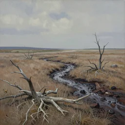 beautiful dead meadow with a toxic waste stream landscape painted by Alex Grey