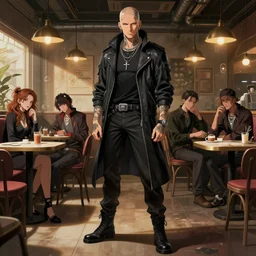 stylish cyberpunk man with tattoo and bald head, detailed cafe background full body, fine detail, anime, realistic shaded lighting, directional lighting 2 d poster by ilya kuvshinov, magali villeneuve, artgerm, jeremy lipkin and michael garmash and rob rey
