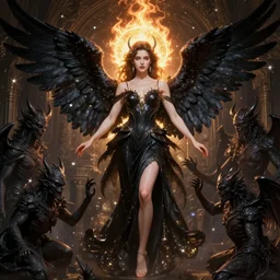 angel with black wings and a fiery halo, surrounded by demons, intricate, elegant, shining with lights, highly detailed, digital painting, artstation, glamorous pose, concept art, smooth, clear focus, illustration, artgerm and greg rutkowski, artei freytag