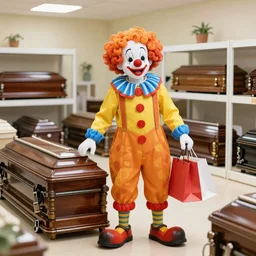 clown shopping for coffins at a funeral home