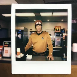 the gorn captain from star trek working the front counter of mcdonald's ready to take your order, eighties polaroid, flash photography, photorealistic