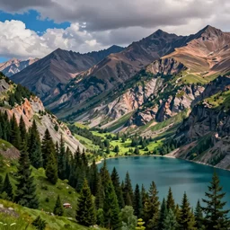 mountains, trees, and lake, in the style of the simpsons