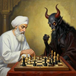 A very very detailed surreal fantasy painting of prophet Muhammad playing chess against Satan by Manjit Bawa and Salvador Dali, trending on artstation, 4k, widescreen.
