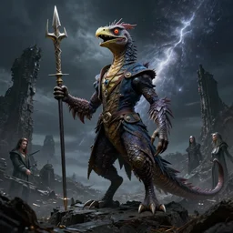 a reptile bird chimera hybrid with claws fangs bristles feathers tails wearing surreal clothes wielding excalibur, on a dark alien world with broken ruins, during a meteor storm, in the style of boris vellejo, julie bell, leng jun, fantasy, dramatic lighting, science fiction, octane render 8 k