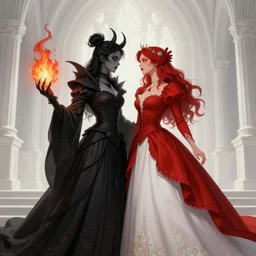 a beautiful and detailed matte painting of a lesbian wedding between evil pyromancer and a red mage, unholy union, white church background, god rays, sharp focus, highly detailed, cinematic lighting, 8 k, smooth render, vector illustration, award winning, by adolf hiremy - hirschl and greg rutkowski and alphonse mucha