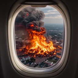 airplane window view, aerial imagery, huge fire, very detailed, trending on artstation