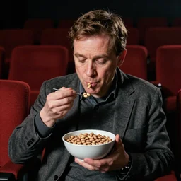malcolm gladwell eating beans from a bowl in an empty AMC movie theater, high res, 4k, realistic