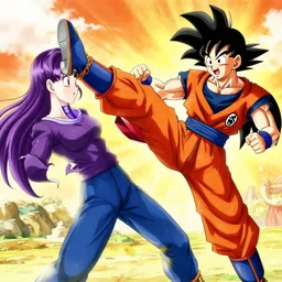 Motoko Kusanagi drop kicking Goku in the face