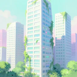 a beautiful highly detailed matte painting of a tokyo highrise building with windows, vibrant pastel styling by atey ghailan, cliff chiang, loish and goro fujita, white, white cyan, pink and light green pastel mystical tones and graffiti tags, featured on artstation, featured on behance, vray render, green vines wrap around buildings