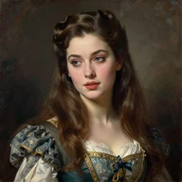 woman, long hair, beautiful eyes, by greg hildebrandt fancy classical era oil painting high quality clothed in fancy garb in pin up style