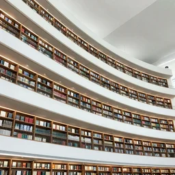 very tall library interior, 10 stories