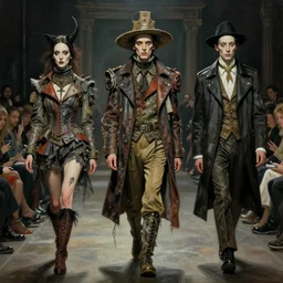 crazy fashion catwalk, freak show, crazy clothes, biopunk style, horror, hauntingly surreal, highly detailed painting by francis bacon, edward hopper, adrian ghenie, gerhard richter, and james jean soft light 4 k,