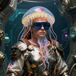 closeup view of a ukranian full-figured female jellyfish human hybrid wearing vacuum tube amp roman armor tracksuit and visor shades, inside of a dimly lit ancient mayan submarine base, ektachrome color photograph, volumetric lighting, 35mm f8 aperture