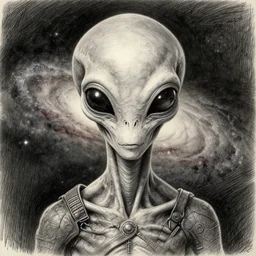 self portrait of alien from the oldest galaxy, realistic pencil and ink, dramatic lighting, photo real quality, greg rutkowski and jose vergara