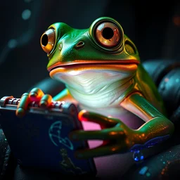 portrait of pepe the frog watching a movie, digital art, unreal engine, metallic colors, broken glass, oxidized copper, led light, highly detailed and intricate, psychedelic, trending on artstation, photorealistic, octane, trending on deviantart,