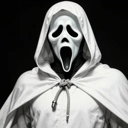 white cloaked superhero with a white full ghost mask no mouth and huge black hole - eyes, and a noose knot around his neck hyperdetailed comic book illustration