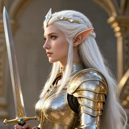 queen elf profile view with white diamond headband and armor in golden and silver colors and a curve long sword, full body, white long hair, detailed face, epic masterpiece of cinematographic hyperrealism, realistic shaded lighting poster by craig mallismo, artgerm, jeremy lipkin and michael garmash, unreal engine, radiant light, detailed and intricate environment, digital art, art station trends