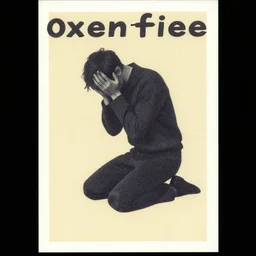 oxenfree risograph grainy simplified minimalist man kneeling, head in hands, vintage advertising, wes anderson color palette, james gilleard full body character portrait