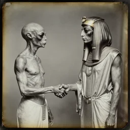 A daguerreotype photograph of an extraterrestrial shaking hands with Cleopatra.