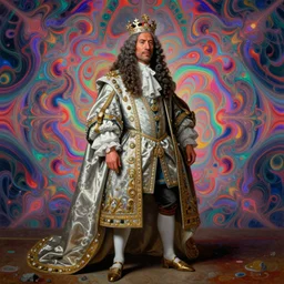 beautiful oil painting, full length portrait of dwayne Johnson as Louis xiv in baroque coronation robes 1701, Dan Mumford, hyacinthe rigaurd , Dan Mumford, Alex grey, highly detailed , lsd visuals, dmt fractal patterns, visionary art, psychedelic art, ornate, vaporwave, baroque, Greg rutkowski