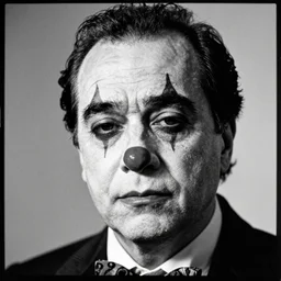 Danny DeVito in ((clown makeup)), portrait photograph, serious sad, low contrast ilford hp5 film, black and white, high grain