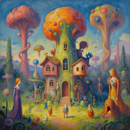a peculiar, beautiful dreamscape with strange inhabitants | | strange dwellings | | colorful, organic painting by max masnyy, jakub gazmercik, beeple, patrick faulwetter, heavenlydaemonic, and mc escher, surrealism, trending on artstation