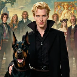 realistic detailed closeup portrait movie shot of an elegant blond male vampire with a doberman on a leash, sci fi landscape background by denis villeneuve, amano, yves tanguy, alphonse mucha, max ernst, edward robert hughes, roger dean, rich moody colours, dog teeth, blue eyes