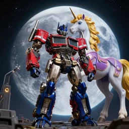 transformers optimus prime fighting along megatron against unicorn to save earth under moon :: detailed portrait, high definition, cinematic