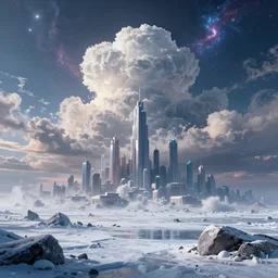 a cyberpunk city in an frozen landscape, cosmic sky puffy clouds, sci - fi vivid by bruce pennington