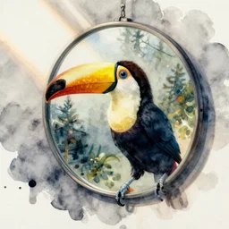 a toucan in a mirror, watercolor