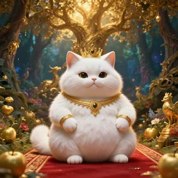 Cat deity, fat figure,Cute, elegant, furry, white, gold, warm, wearing a crown, bracelets and necklaces, red carpet, figure, realistic, hair detailing, background is heavenly,wonderland at night, The light in the deep forest full of mythical creatures of the picture, according to European art, Golden Sacred Tree, Golden Apple, Flower Garden,Hyper realistic render. Den noise. Volumetric Lighting. Dynamitc Lighting. Unreal Engine. octane. Hyper Cinematic lighting. 21:9