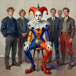 portrait of a morphed harlequin sitting on a stool by james jean and luc tuymans and vincent lefevre and hernan bas and pat steir and hilma af klint, digital paint, glitch, psychological, dripping paint, high quality render, masterpiece
