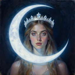 Artemixel, the modern reincarnation of the old selenium god of hunt and moon, also known as Artemis the Selene, carrying the celebrated Crown of the Crescent Moon, wich its usual bright and slightly bluish crescent like the brightness of the night. Portrait by Nicola Samori and Jeffrey Smith, oil on canvas