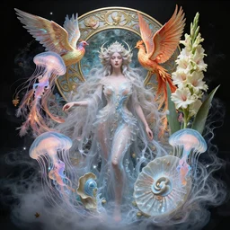 a beautiful goddess surounded with jellyfish phoenix and bird and giant orchid, flower and giant gladiola. midsommar style, intricate, elegant, surrounded by smoke and water energy flow. translucent nautilus, beauty face, highly detailed. intricate, octane render, by wlop, tooth wu, greg rutkowski, alena aenami, alphonse mucha