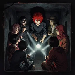 a meeting in a dark box with flashlight. art by junji ito, caravaggio.