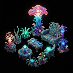 concept art 2 d game asset of furniture with an organic isometric design based on bioluminescent alien - like plants inspired by the avatar's bioluminescent alien nature. around the furniture, we can see plants that glow in the dark. all in isometric perspective and semi - realistic style item is in a black background colorful neons surrealistic masterpiece
