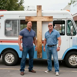 realistic still of portrait of cross between dwayne johnson and an ice cream truck, by greg rutowski, biomorphic, hybrid, 8 k, 8 5 mm, f. 1 4, beautiful composition,