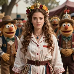 detailed ultrarealistic photography medium shot of dnd fantasy festival rustic robust young queen warrior in muppet show pajama leyendecker, norman rockwell, greg rutkowski, jim henson artstation cinematic,
