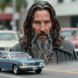 beautiful hyperrealism three point perspective film still of Keanu Reeves as Gandalf the grey in car chase scene in Miami Vice(2006) extreme closeup portrait in style of 1990s frontiers in translucent porclein miniature street photography seinen manga fashion edition, miniature porcelain model, focus on face, eye contact, tilt shift style scene background, soft lighting, Kodak Portra 400, cinematic style, telephoto by Emmanuel Lubezki