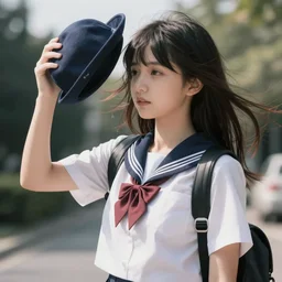 Fanart of a highschool anime girl holding her hat beacause of a slightly strong breeze, sunny day, art by Artgerm, 4k, beautiful, high detail, high contrast, rich background, realistic