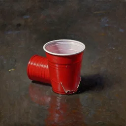a single crushed red plastic cup on wet sidewalk as a classical painting, oil painting, epic lighting, dramatic composition, night