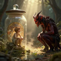 A demon looks at a tiny human trapped in a jar, sunrays, dust in the air, DnD character, unreal engine, octane render, dramatic lighting, pond, digital art, by Stanley Artgerm Lau, greg rutkowski, thomas kindkade, alphonse mucha, loish, norman Rockwell,