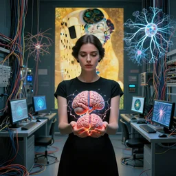 symmetric, a woman in a black dress holding a brain and neurons, in a room full of wires and computers and neural networks, sci - fi, ai, 4 k realistic, artem demura. alphonse mucha. yoji shinkawa artgerm, klimt