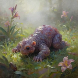 amorphous, gooey life form crawling over a garden in a beautiful foggy morning. oil painting, indie concept art, bloom, chiaroscuro, backlighting, intricate details, depth of field.
