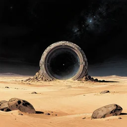 intergalactic stargate portal in the middle of a barren wasteland, with nothing but sand and rocks as far as the eye can see by jeff lemire and frank auerbach
