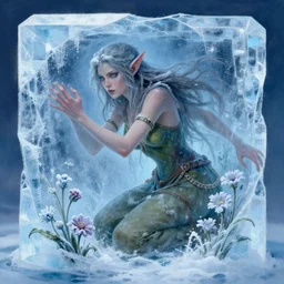 dan mumford paint, a fantasy elf woman trapped and frozen trying to get out of a block of clear ice, with frozen flowers around her, treding artstation, greg rutkowski