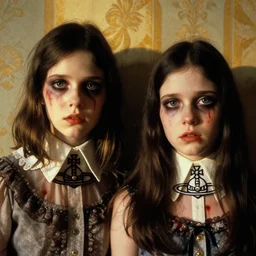 two beautiful but creepy siblings wearing vivienne westwood collars in layers of fear, with haunted eyes and dark hair, 1 9 7 0 s, seventies, wallpaper, a little blood, morning light showing injuries, delicate embellishments, golden hour, painterly, offset printing technique, by brom, robert henri, walter popp