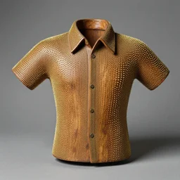 realistic photograph of a a wooden sculpture object shirt made of oak wood, covered with tiny brass spikes on a grey background, centered composition, archival photography, metropolitan museum archival photo documentation, archaeology, 1 9 9 0, life magazine photo