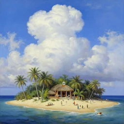 impossibile sand structure with a small crowd outside on a tropical island, fluffy clouds, blue sky by magritte and de chirico, oil painting, hyper detailed, masterpiece 4 k